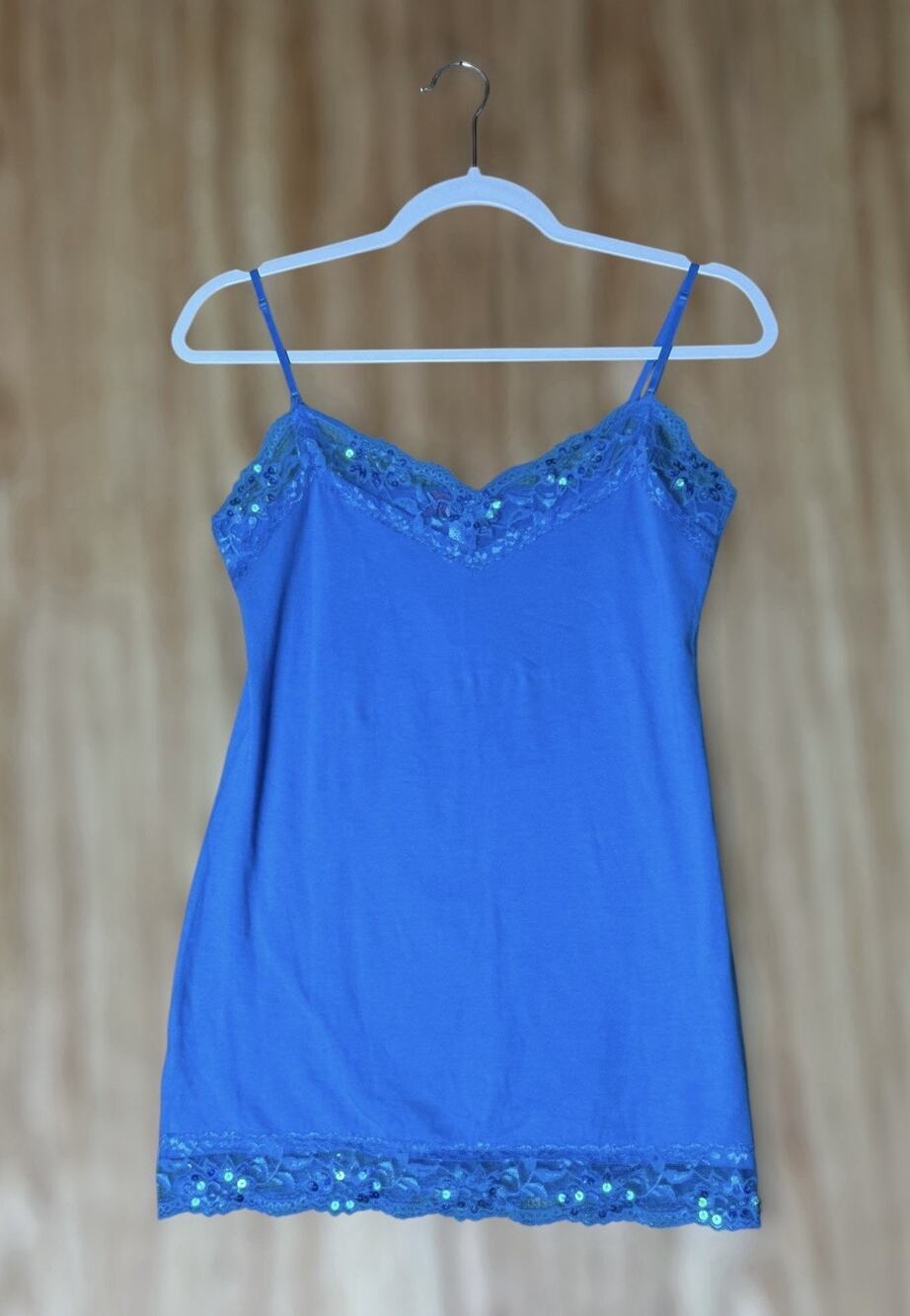 Y2K Deb Womens Aqua Blue Lace Trim Camisole Tank Top Feminine Fairy Boho Sz L